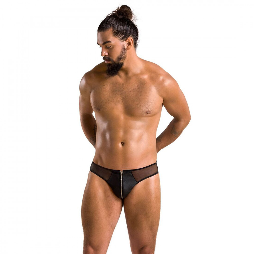 Стринги, трусы и шорты - Мужские слипы на молнии Passion 042 Slip Timmy XXL/XXXL Black, экокожа, сетка 4