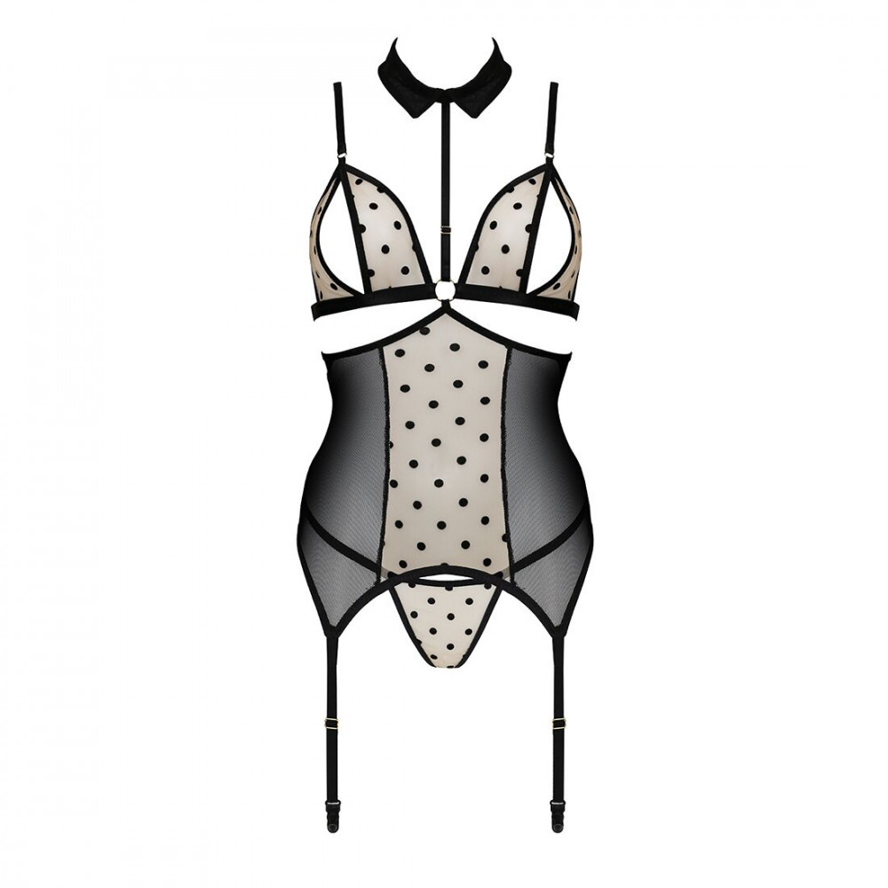 Эротические корсеты - Корсет с открытой грудью Passion DOMINICA CORSET L/XL beige, пажи для чулок, стринги 3