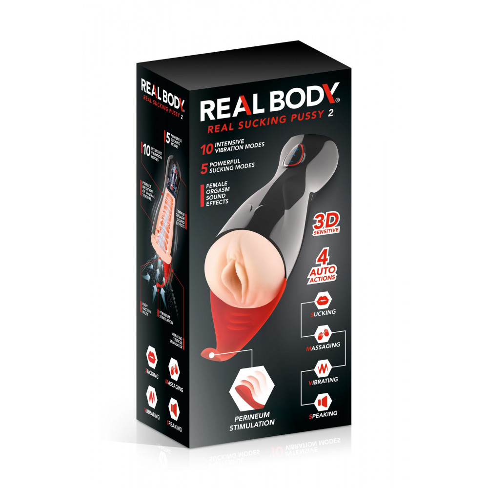 Мастурбаторы с вибрацией - Премиум-вибромастурбатор Real Body - Real Sucking Pussy 2, всасывание, звук, стимуляция промежности 2