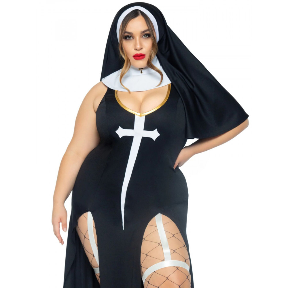 Эротические костюмы - Костюм монашки-грешницы Leg Avenue Sultry Sinner 1X-2X, платье, головной убор, воротник
