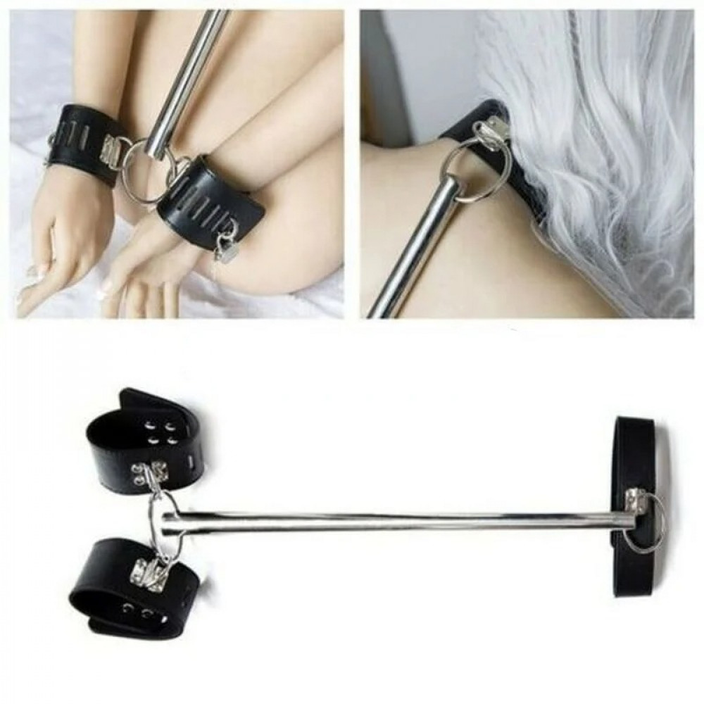 БДСМ игрушки - Бондаж для шеи и запястья Ds Fetish Metal bondage spreader bar with restraints black