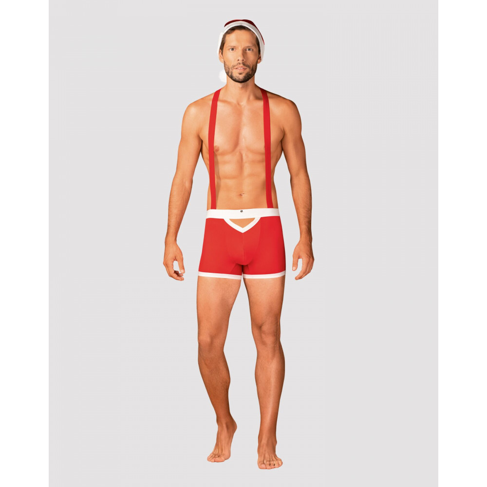 Боди, комплекты и костюмы - Мужской эротический костюм Санта-Клауса Obsessive Mr Claus L/XL, боксеры на подтяжках, шапочка с пом 5