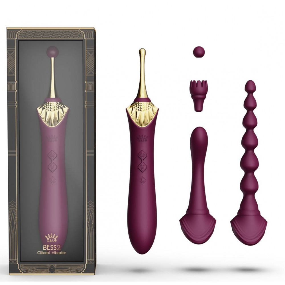 Вибропули  - Вибратор двухсторонний универсальный ZALO BESS 2 Velvet Purple с 4 насадками и нагревом, фиолетовый