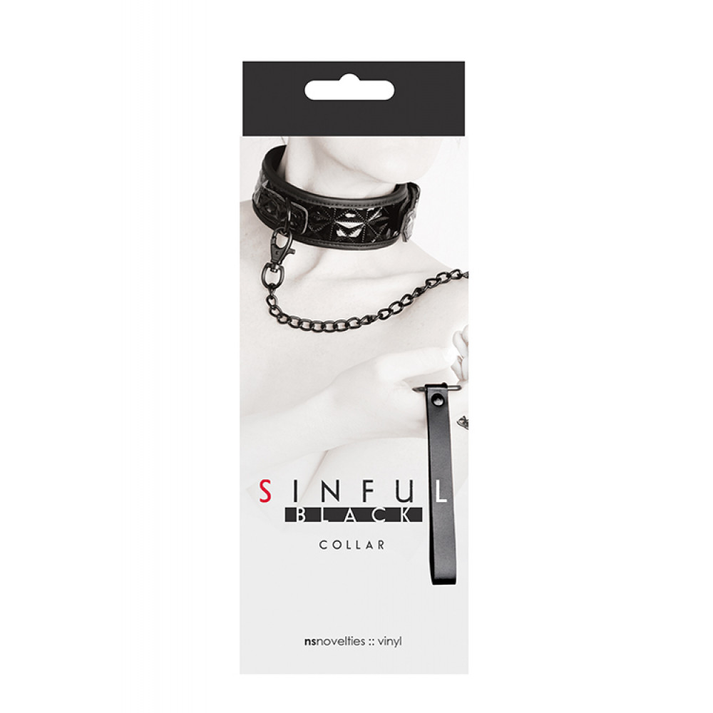 Ошейники, поводки - Ошейник с поводком SINFUL BLACK COLLAR 1