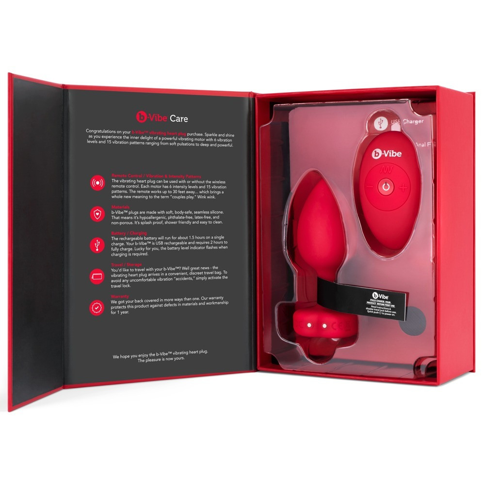 Секс игрушки - Анальная пробка с вибрацией и пультом управления B-Vibe Vibrating Heart Plug M/L Red 2
