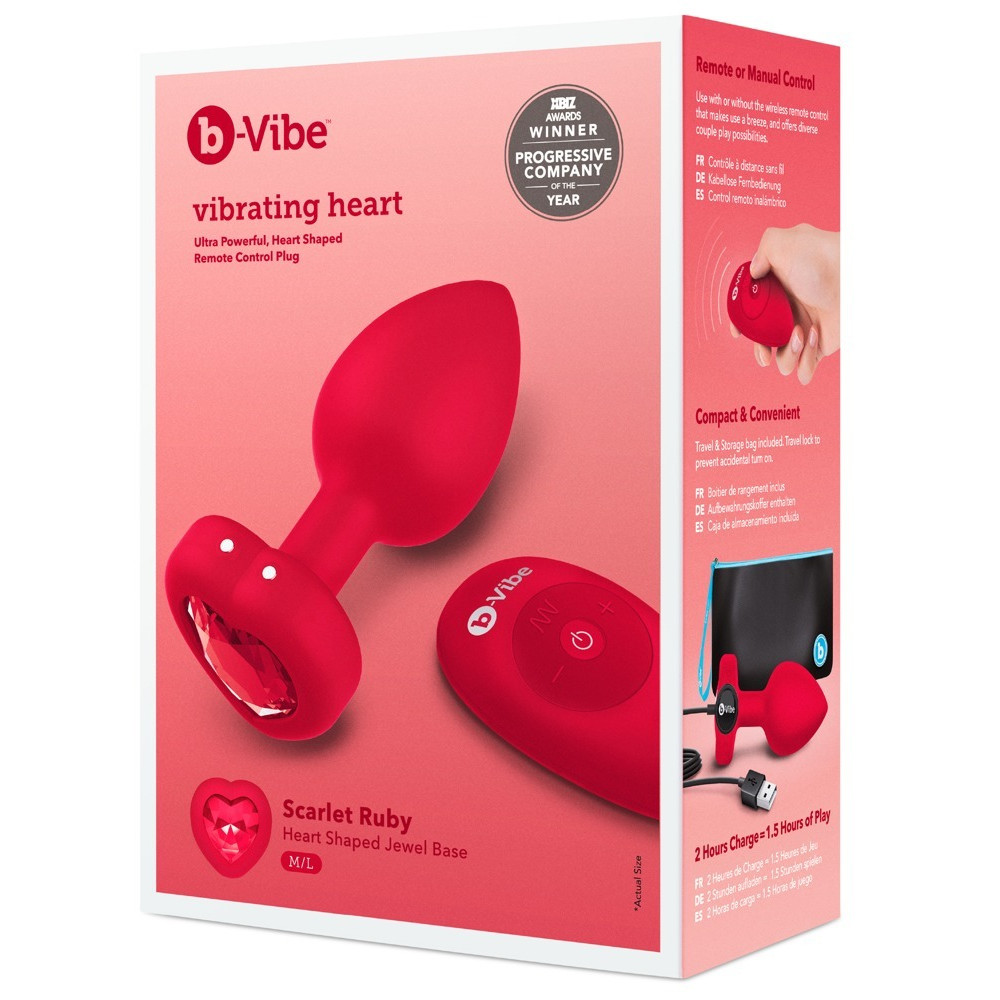 Секс игрушки - Анальная пробка с вибрацией и пультом управления B-Vibe Vibrating Heart Plug M/L Red 9