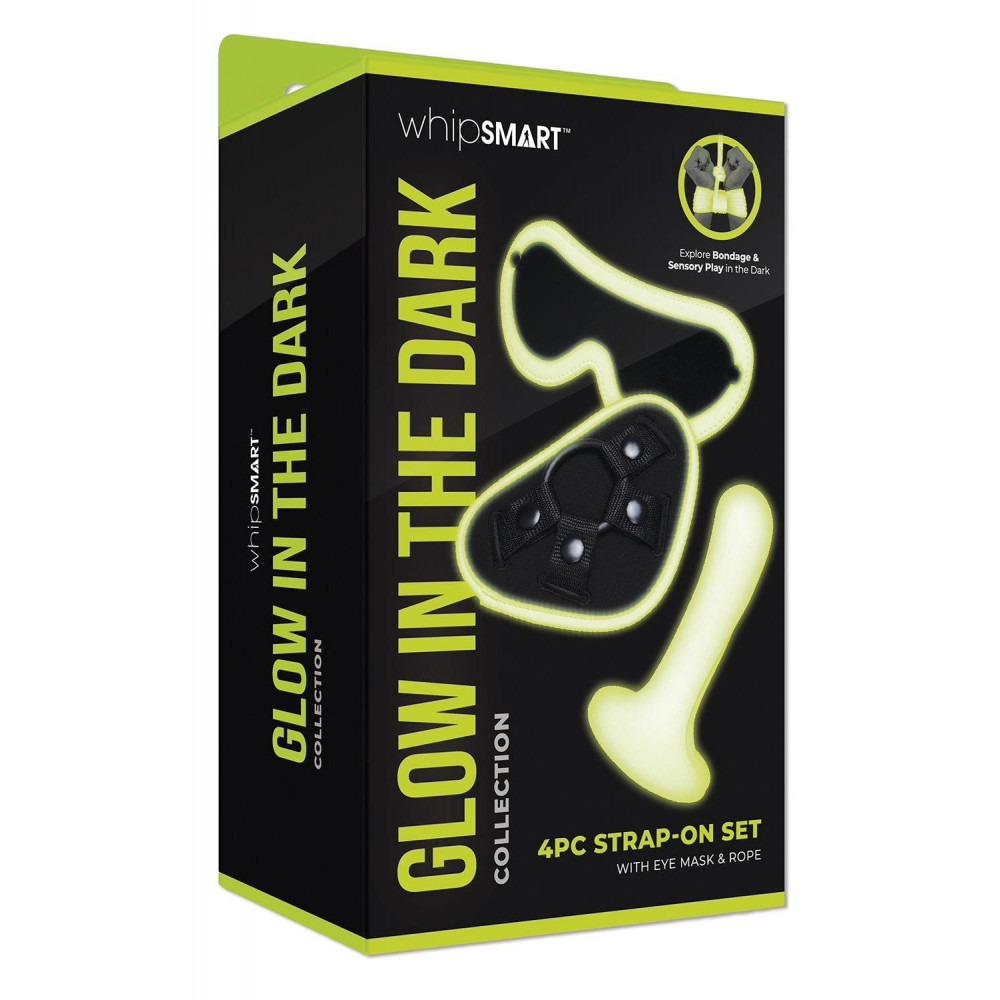 БДСМ игрушки - Набор БДСМ Whipsmart Glow In The Dark страпон, маска на глаза, веревка, флуоресцентные 1