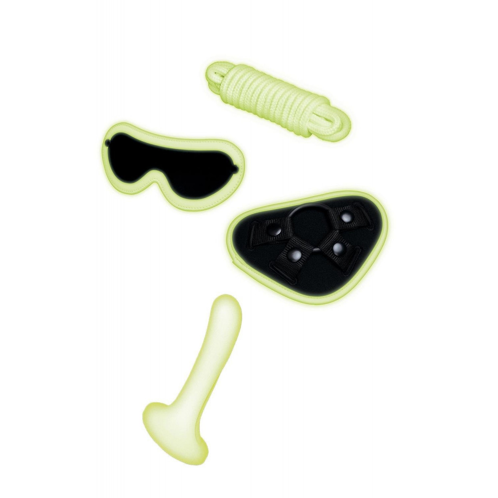 БДСМ игрушки - Набор БДСМ Whipsmart Glow In The Dark страпон, маска на глаза, веревка, флуоресцентные