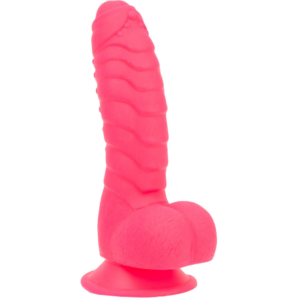 Фаллоимитаторы на присоске, двойные - Ребристый фаллоимитатор на присоске ADDICTION — Tom 7″ Dildo With Balls — Pink, вибропуля в подарок 4