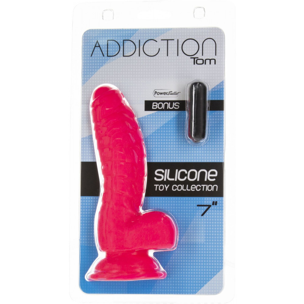 Фаллоимитаторы на присоске, двойные - Ребристый фаллоимитатор на присоске ADDICTION — Tom 7″ Dildo With Balls — Pink, вибропуля в подарок 1