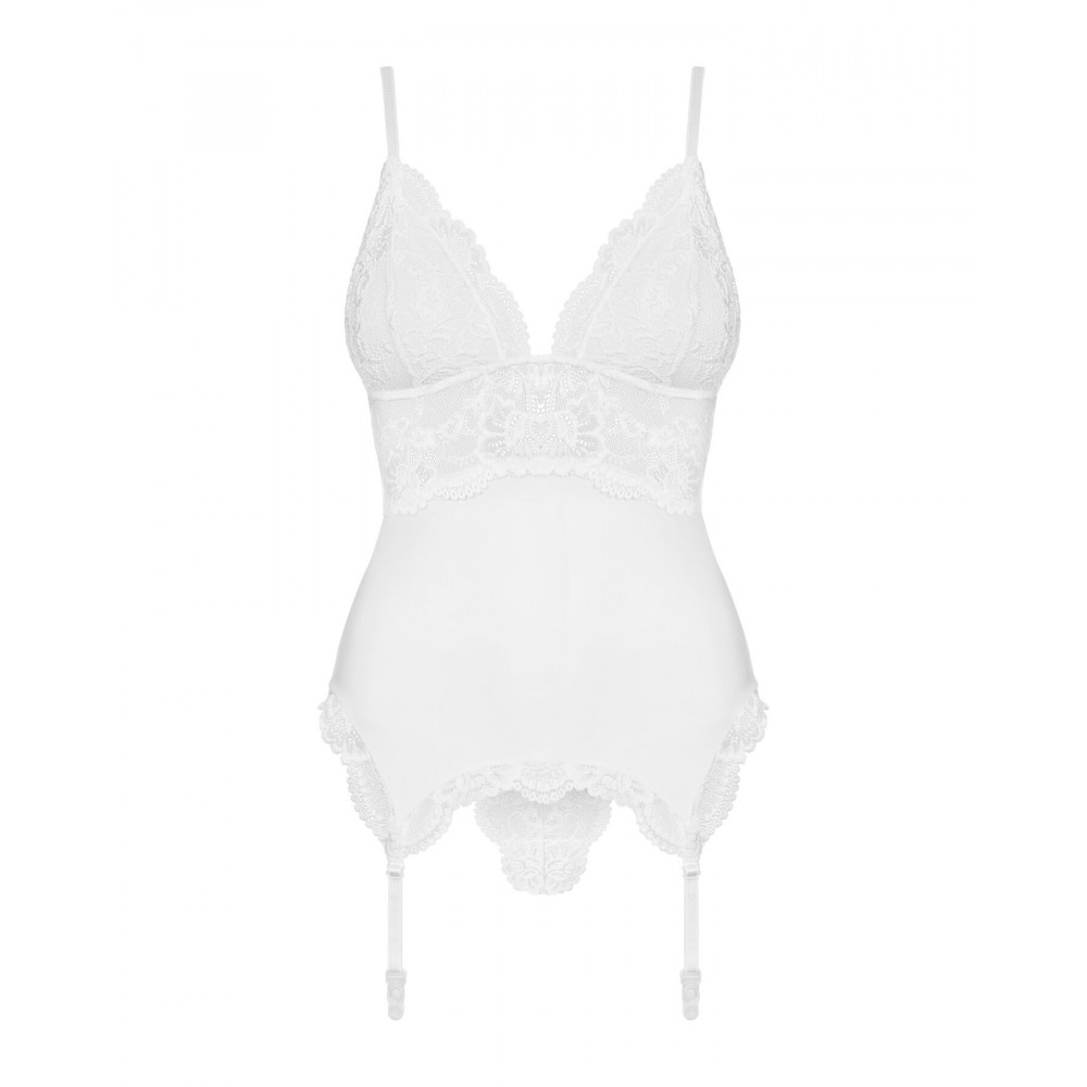 Эротические корсеты - Сатиновый кружевной корсет Obsessive 810-COR-2 babydoll & thong L/XL, белый, корсет, танга 4