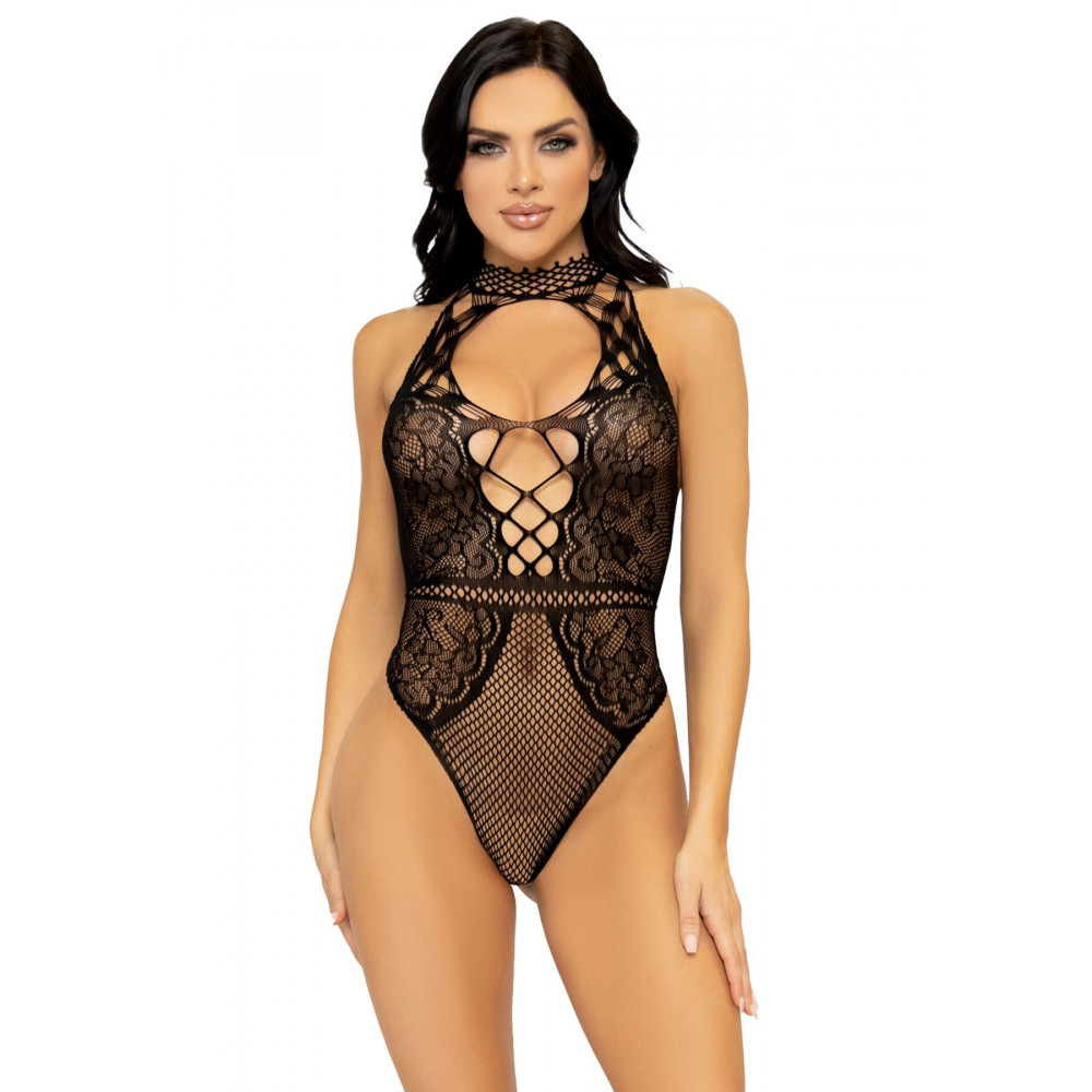 Эротическое боди - Leg Avenue Net and lace halter bodysuit OS Black