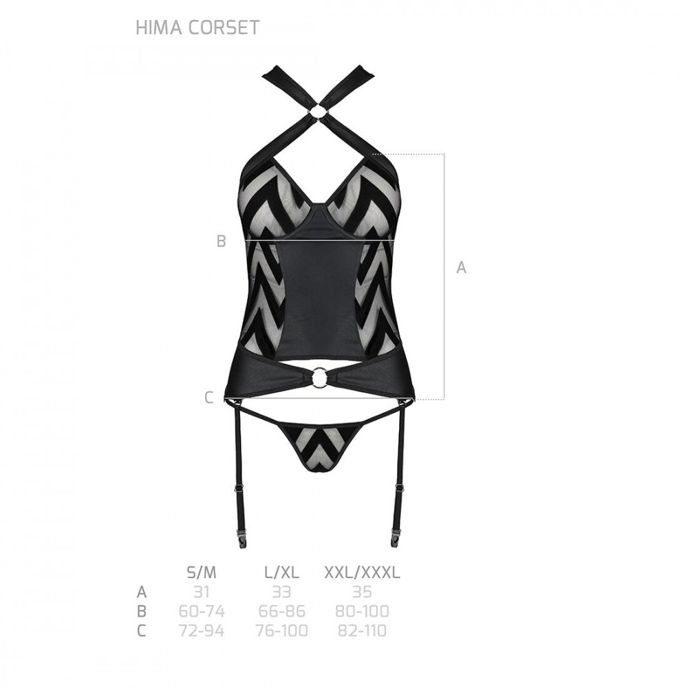 Эротические корсеты - Сетчатый комплект с узором Hima Corset black L/XL - Passion, корсет с халтером, подвязки, трусики  1