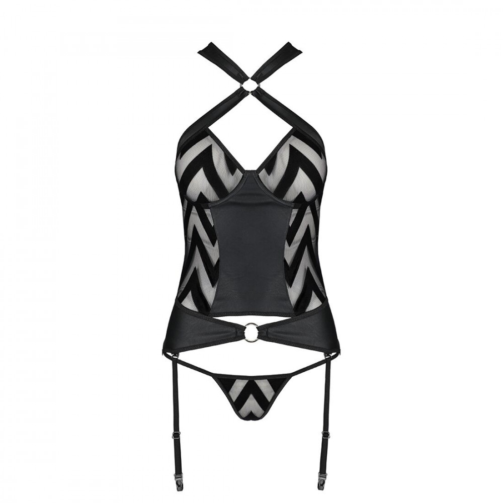 Эротические корсеты - Сетчатый комплект с узором Hima Corset black L/XL - Passion, корсет с халтером, подвязки, трусики  3