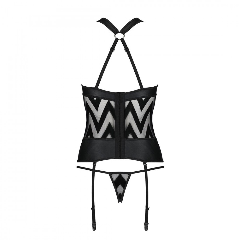 Эротические корсеты - Сетчатый комплект с узором Hima Corset black L/XL - Passion, корсет с халтером, подвязки, трусики  2