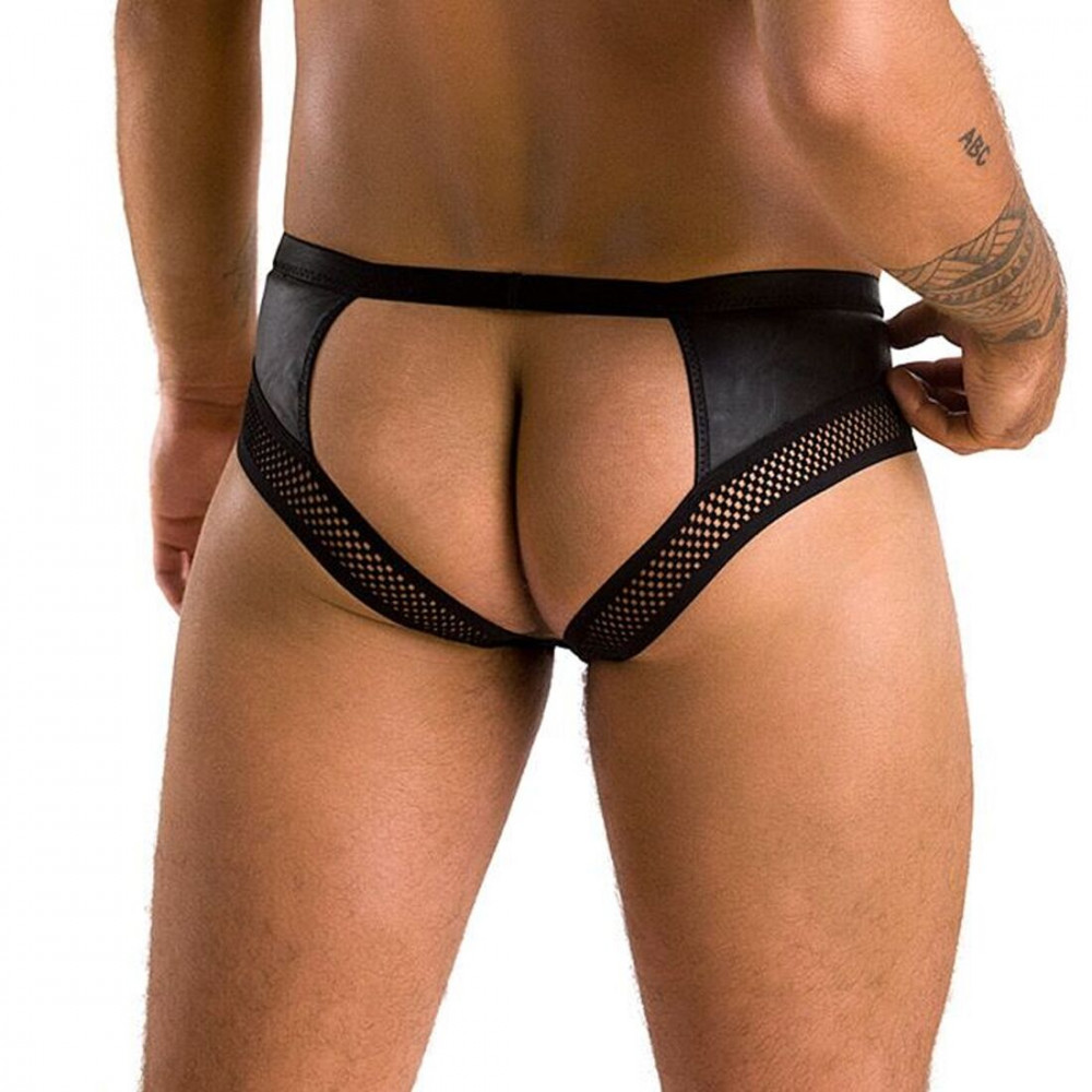 Стринги, трусы и шорты - Мужские трусы с цепочкой Passion 030 Slip Tom L/XL Black, экокожа, открытые ягодицы 5