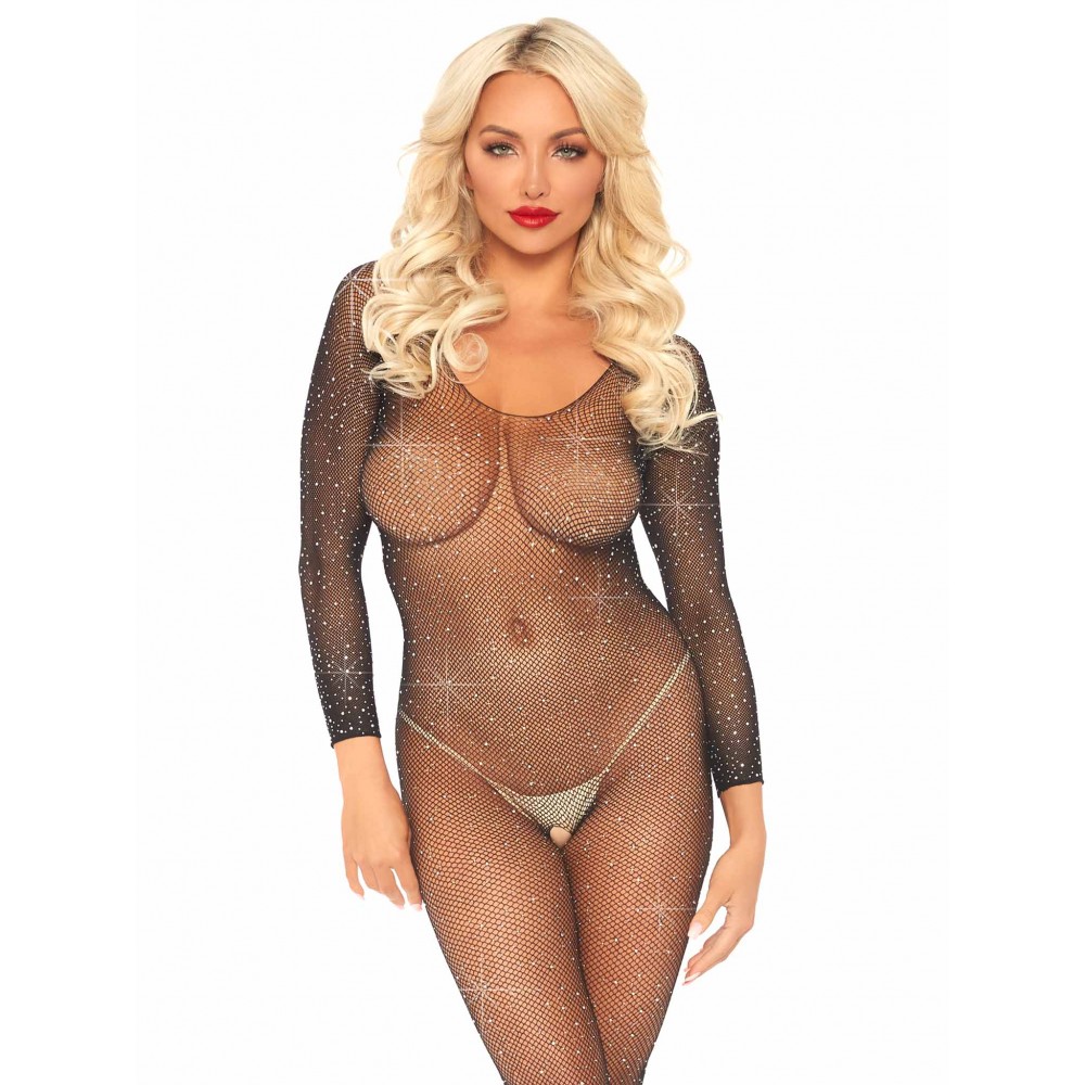 Эротическое боди - Боди с рукавами в сеточку со стразами Leg Avenue Fishnet sleeved bodystocking O/S 2
