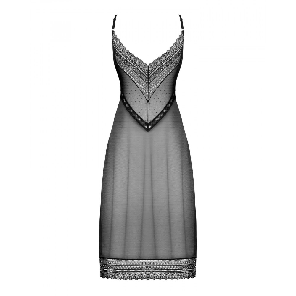 Эротические пеньюары и сорочки - Полупрозрачная длинная сорочка Obsessive Estiqua chemise XS/S, черный, ассиметричный крой 2