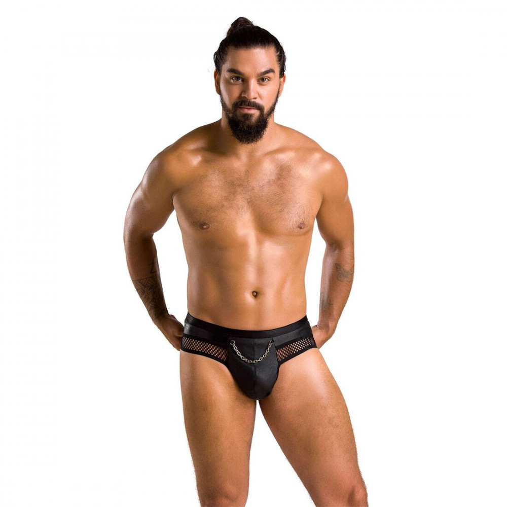 Стринги, трусы и шорты - Мужские трусы с цепочкой Passion 030 Slip Tom S/M Black, экокожа, открытые ягодицы 4