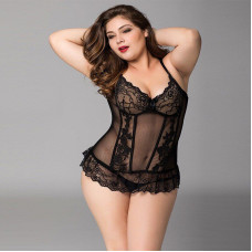 Кружевной корсет JSY «Сексуальная Белла» Plus Size Black, мелкая сетка, гипюр, чашки с косточками
