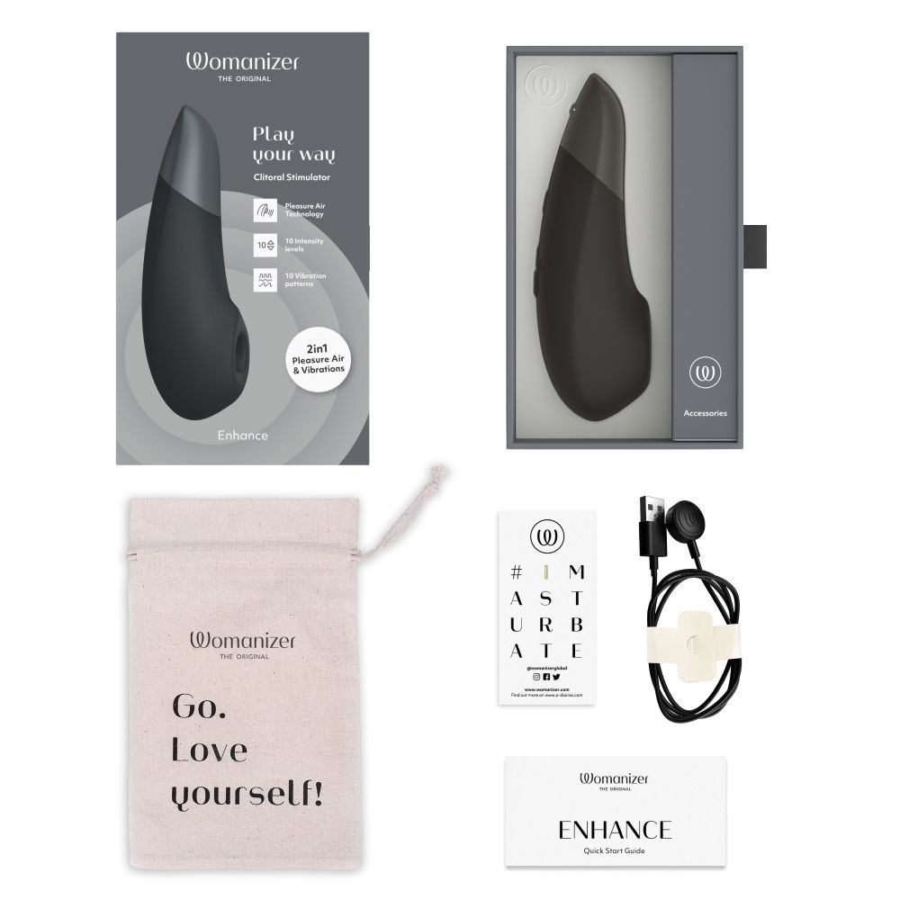 Секс игрушки - Клиторальный вакуумный стимулятор 2 в 1 Womanizer Enhance с вибрацией, черный 15