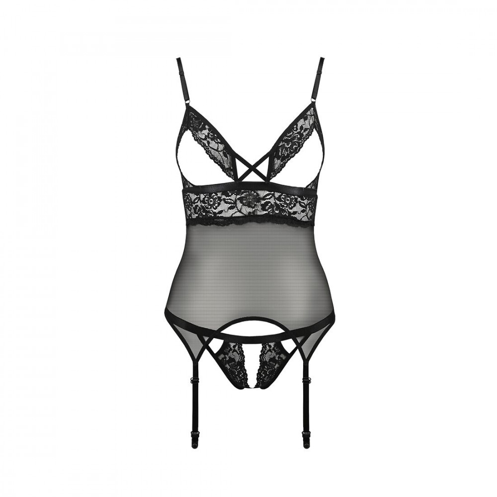 Эротические корсеты - Корсет с открытой грудью DIABOLINA CORSET black XXL/XXXL - Passion, пажи, трусики, полупрозрачный 3