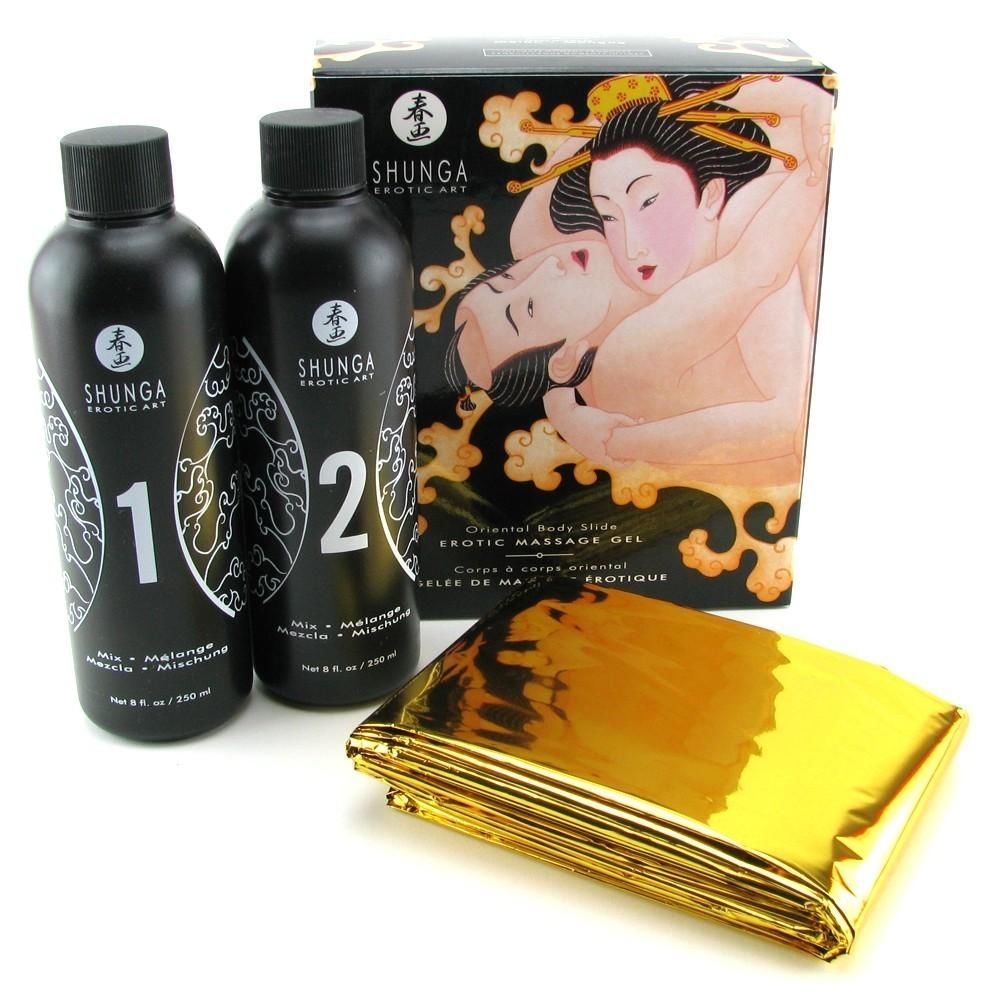 Массажные масла и свечи - Гель для NURU массажа Shunga Oriental Body-to-Body – Melon Mango (2 x 225 мл) плюс простыня