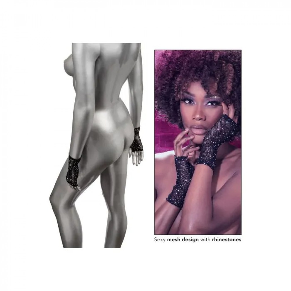  - Перчатки короткие в мелкую сетку со стразами CalExotics Fingerless Gloves, черные 2