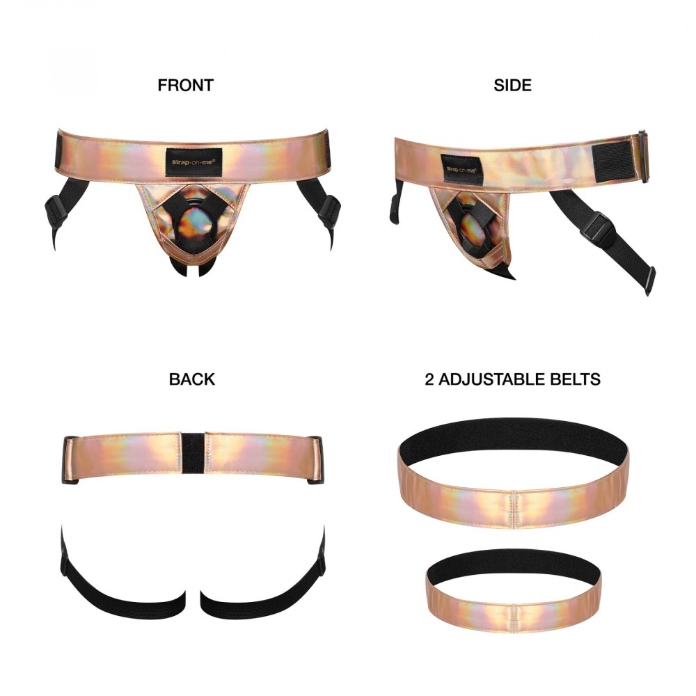 Трусики для страпонов - Трусы для страпона Strap-On-Me Leatherette Harness Curious  Holographic Rose Gold 6