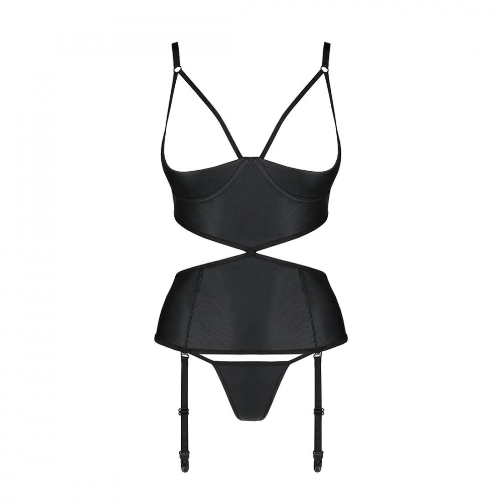 Эротические корсеты - Корсет с открытой грудью Passion JANNIES CORSET L/XL black, стринги в наборе 3
