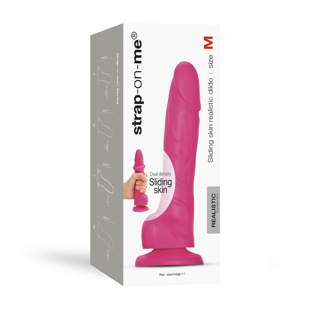 Фаллоимитаторы на присоске, двойные - Реалистичный фаллоимитатор Strap-On-Me Sliding Skin Realistic Dildo Fuchsia - M, эффект подвижной ко 1