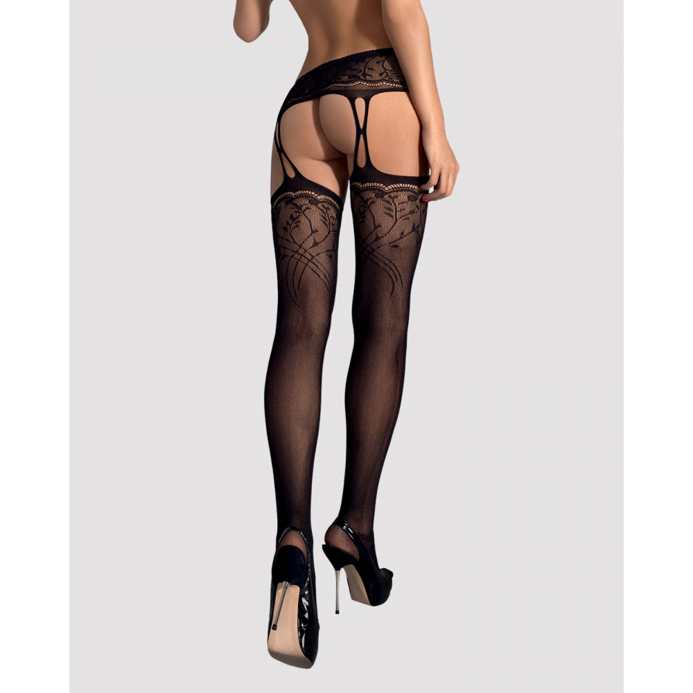 Чулки - Чулки-стокинги с растительным рисунком Obsessive Garter stockings S206 black S/M/L черные, имитация  5