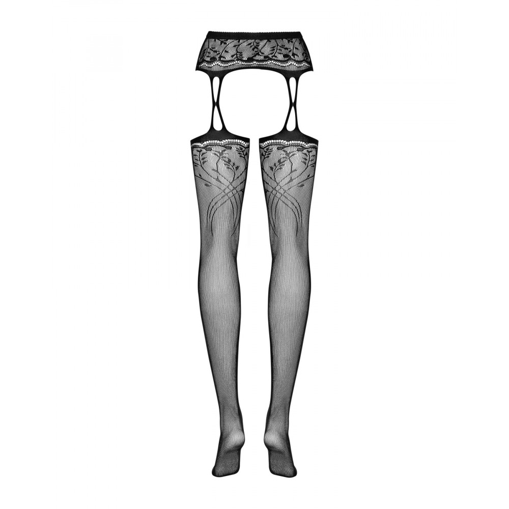 Чулки - Чулки-стокинги с растительным рисунком Obsessive Garter stockings S206 black S/M/L черные, имитация  1