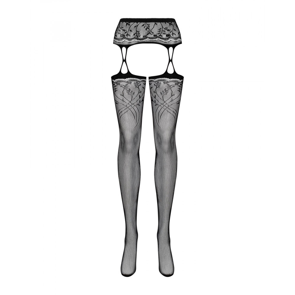 Чулки - Чулки-стокинги с растительным рисунком Obsessive Garter stockings S206 black S/M/L черные, имитация  2