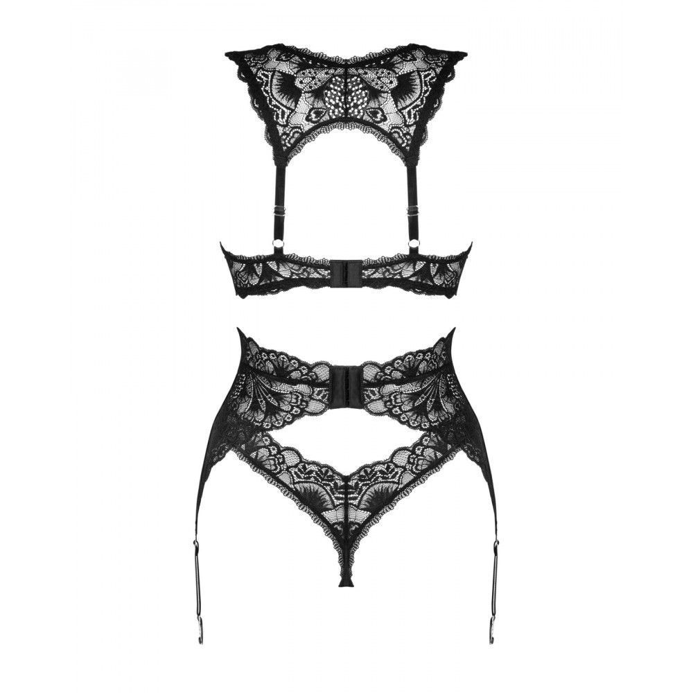 Эротические комплекты - Комплект белья Obsessive Donna Dream 3-pcs set M/L Black, бюстгальтер, стринги, пояс для чулок 4