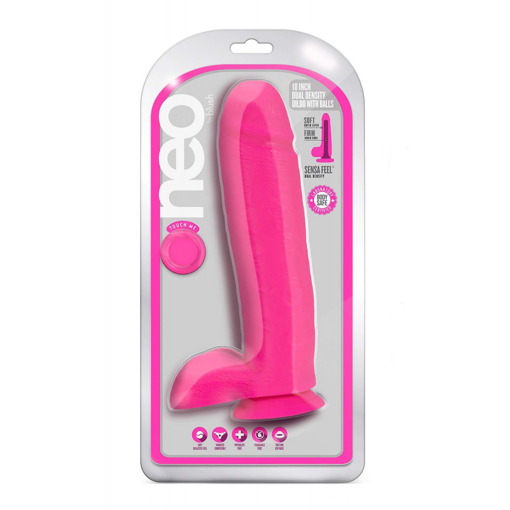 Секс игрушки - Фаллоимитатор реалистичный с мошонкой Blush Neo Dual Density на присоске, неоново-розовый 4