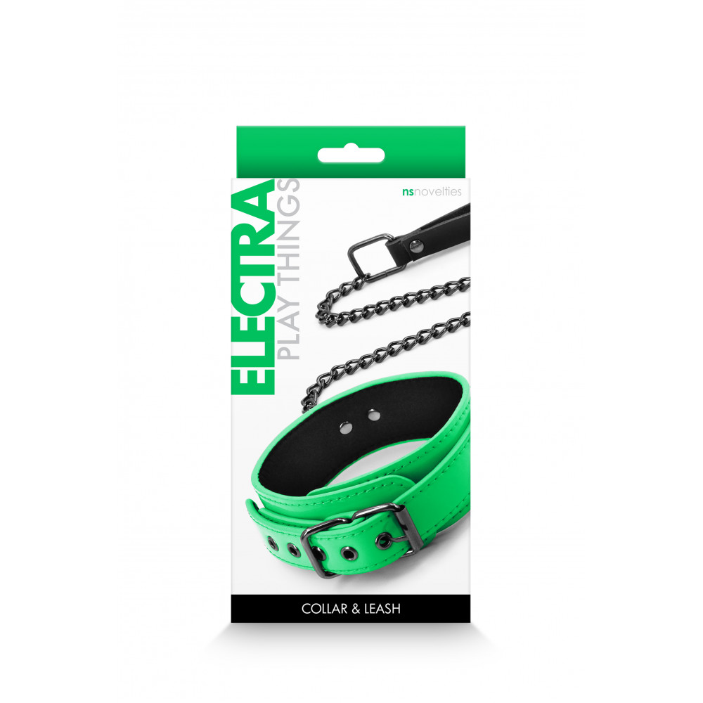 БДСМ игрушки - Ошейник с поводком NS Novelties ELECTRA COLLAR & LEASH GREEN 1
