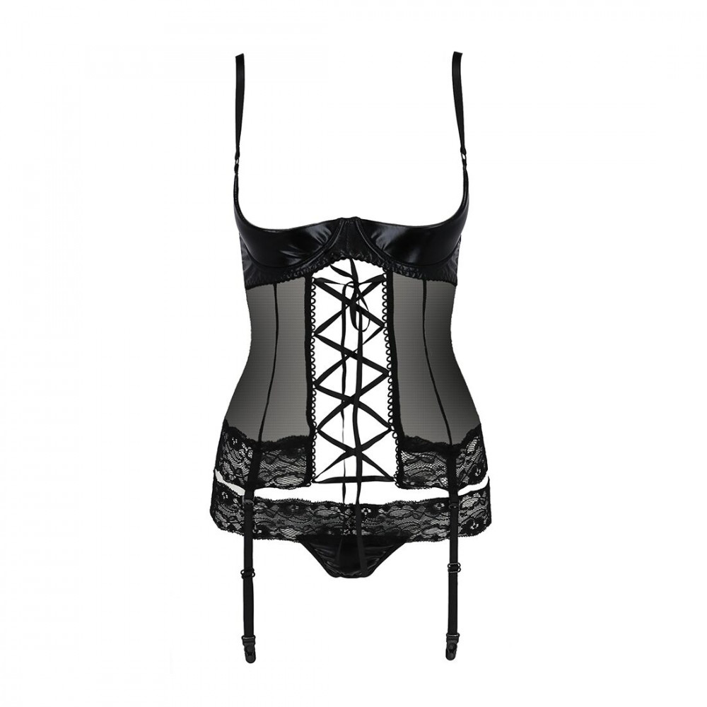 Эротические корсеты - Корсет с открытой грудью NORTH CORSET black L/XL - Passion Exclusive, пажи, трусики, шнуровка 3