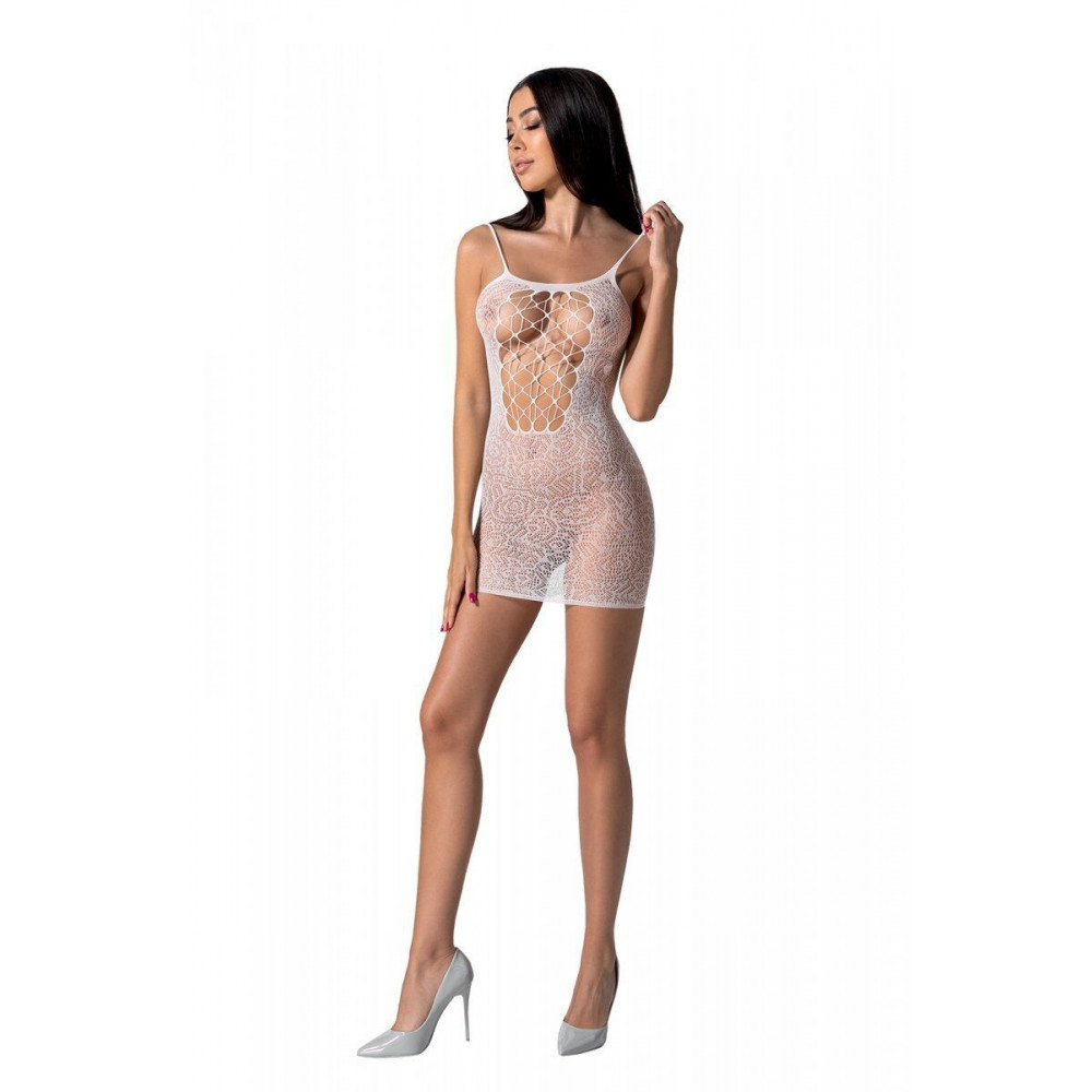 Бодистокинг - Ажурное мини-платье на тонких бретелях Passion BS096 One Size, white, плетение на груди
