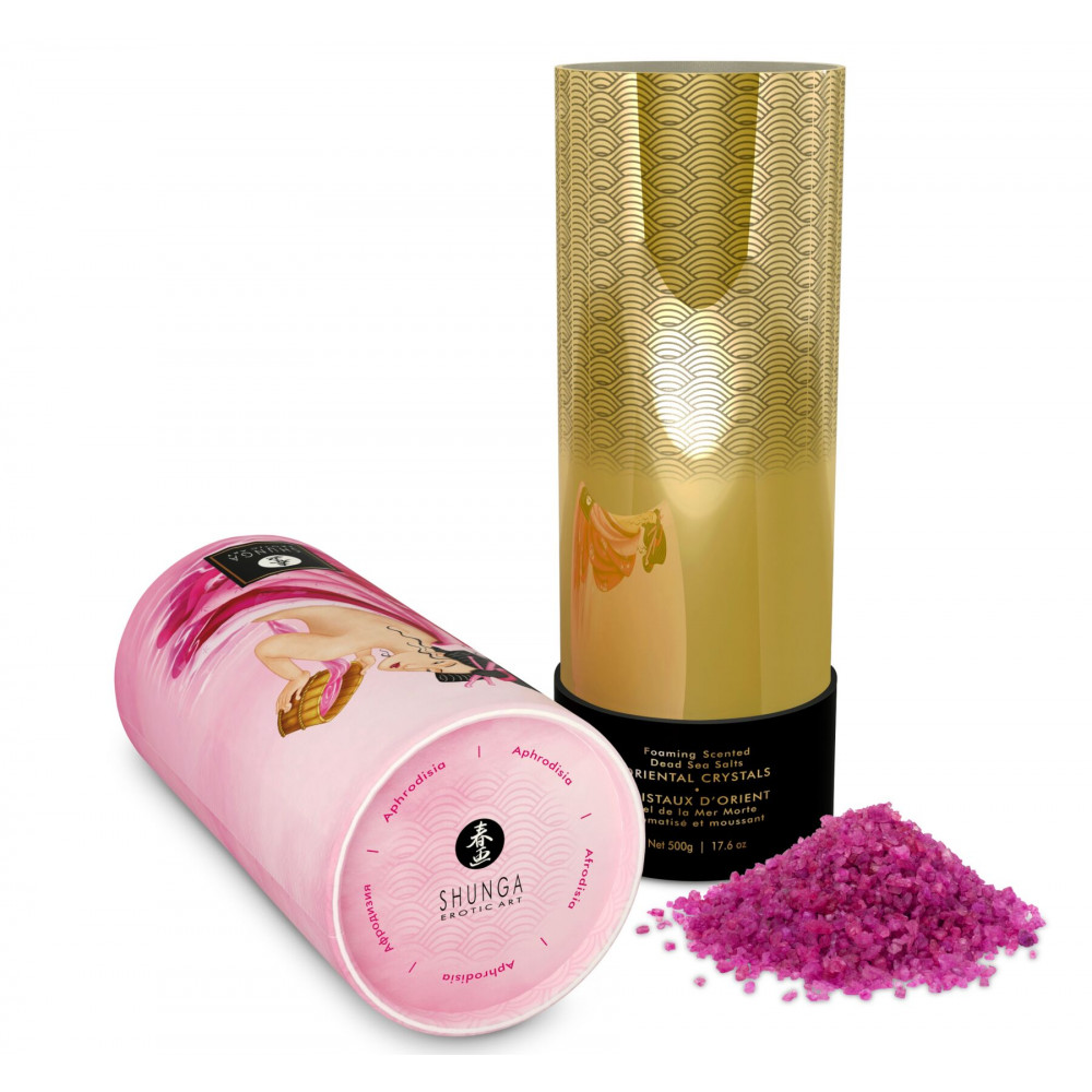 Романтическая атмосфера - Пенящаяся соль для ванны Shunga Dead Sea salt Oriental Crystals — Rose Petal (500 г), соль Мертвого  4