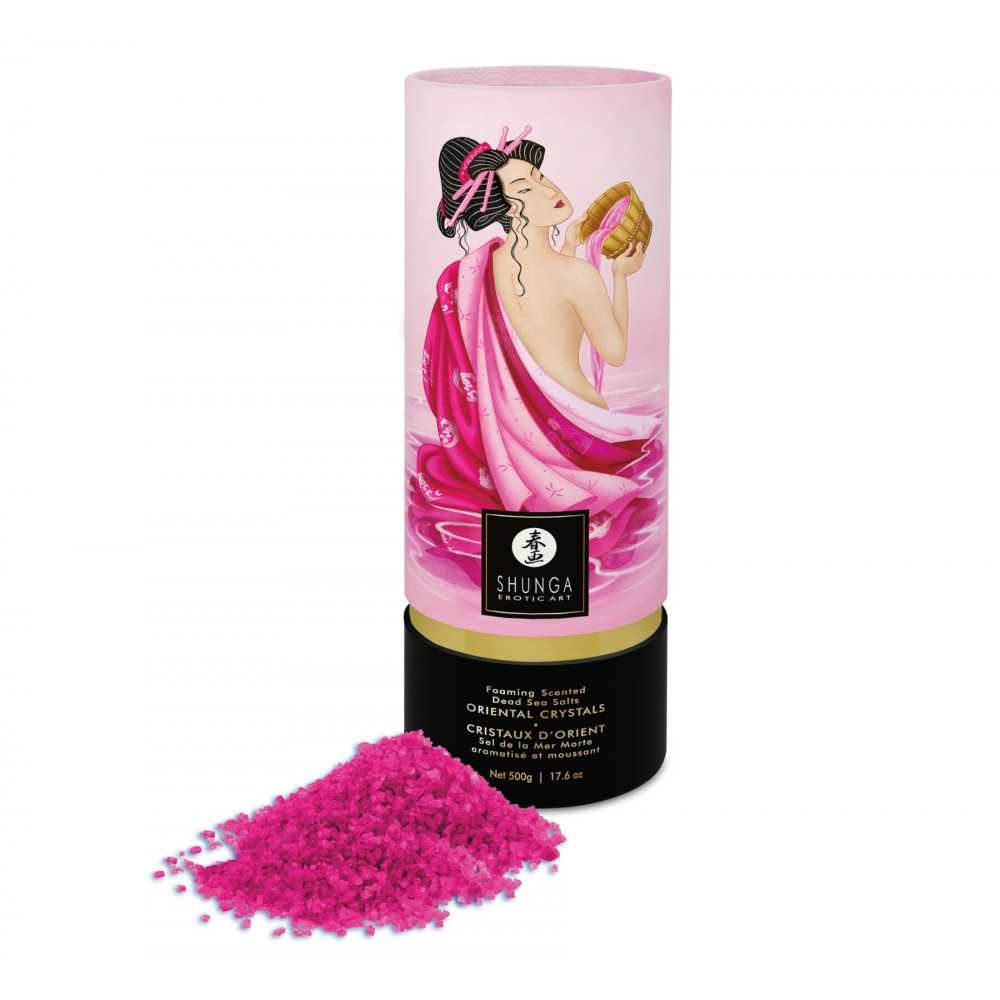 Романтическая атмосфера - Пенящаяся соль для ванны Shunga Dead Sea salt Oriental Crystals — Rose Petal (500 г), соль Мертвого  2