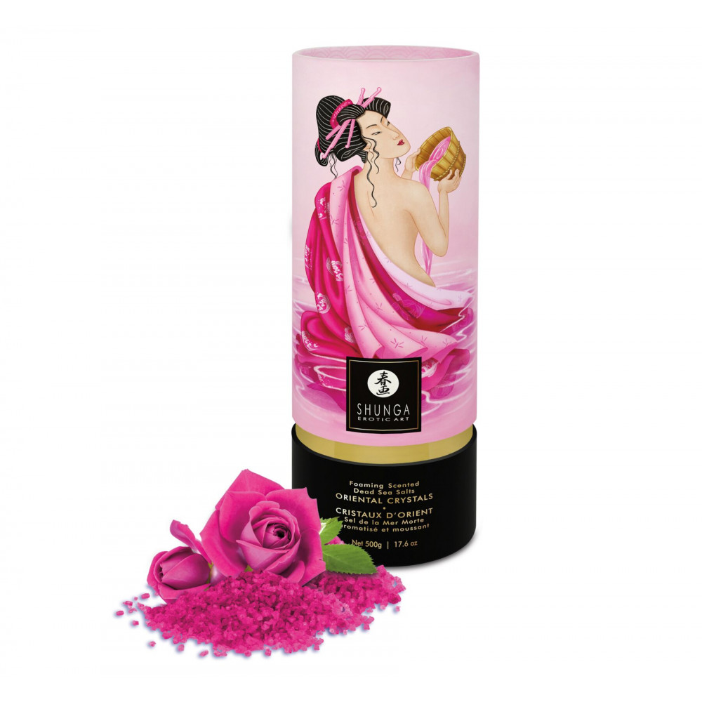 Романтическая атмосфера - Пенящаяся соль для ванны Shunga Dead Sea salt Oriental Crystals — Rose Petal (500 г), соль Мертвого  3