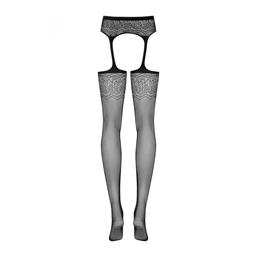 Чулки - Сетчатые чулки-стокинги с цветочным рисунком Obsessive Garter stockings S207 XL/XXL, черные, имитаци 1