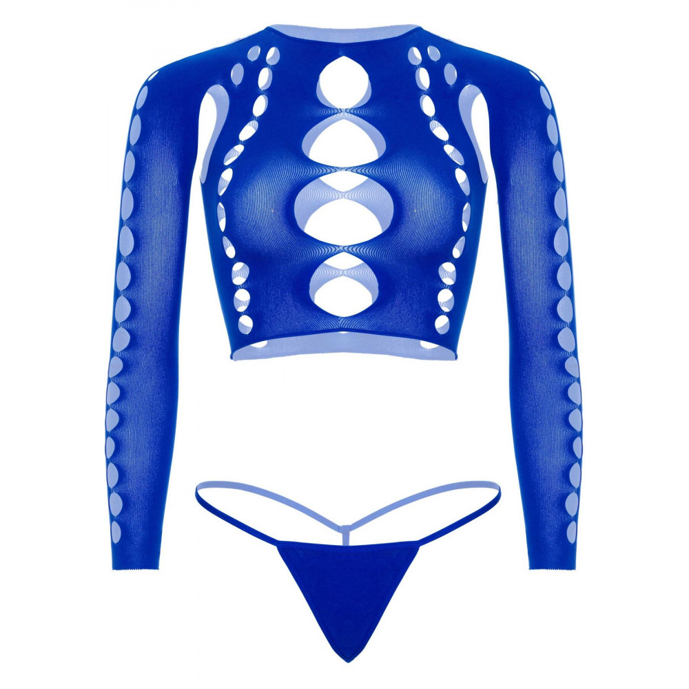 Эротические комплекты - Комплект Leg Avenue Long sleeve crop top & string Royal Blue One Size 5
