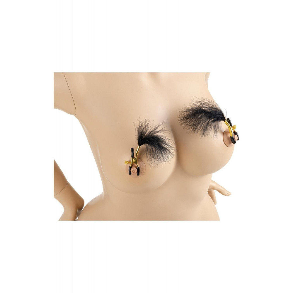 БДСМ игрушки - Зажимы для сосков Virgite Nipple Clamps с перьями, золотисто-черные 4