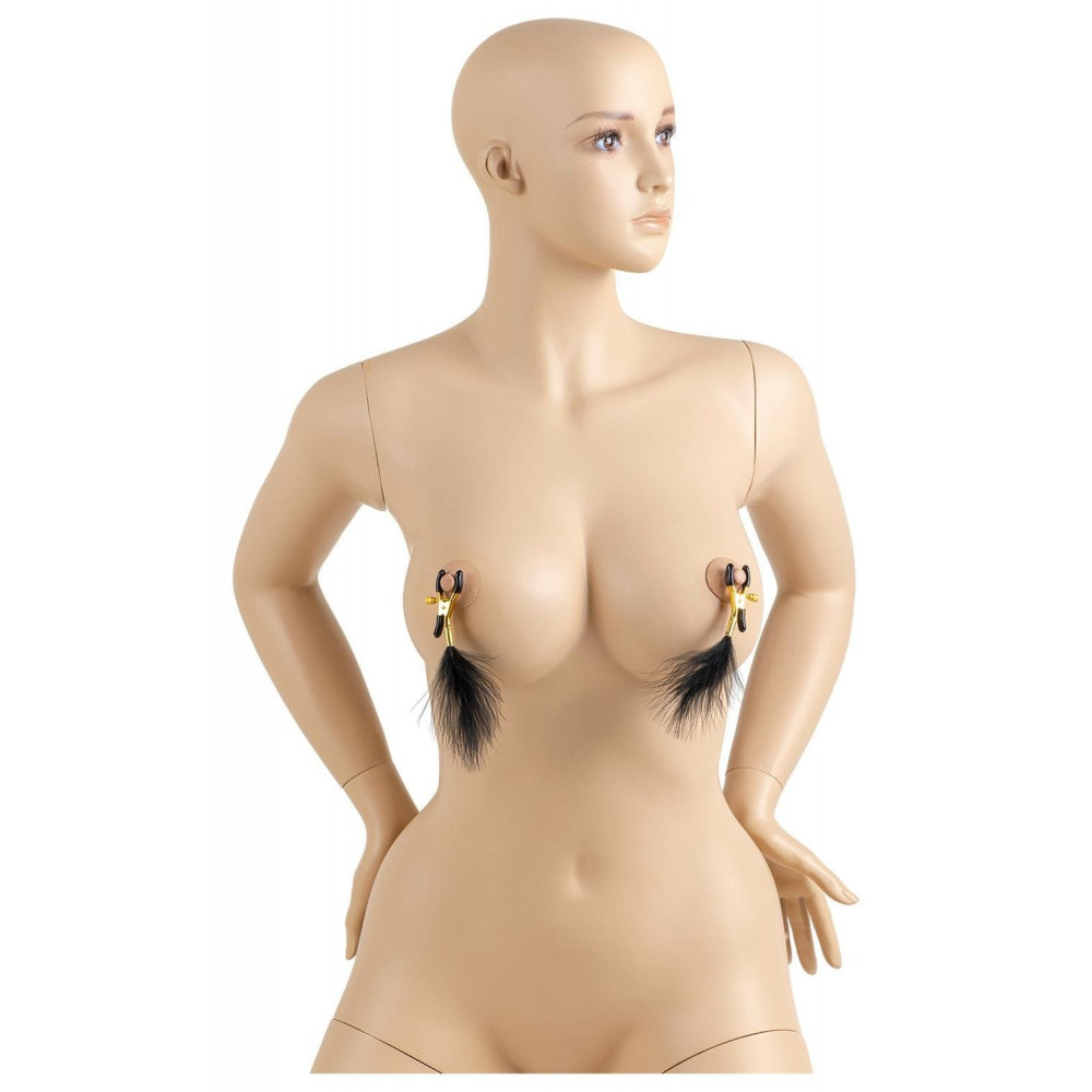 БДСМ игрушки - Зажимы для сосков Virgite Nipple Clamps с перьями, золотисто-черные 1