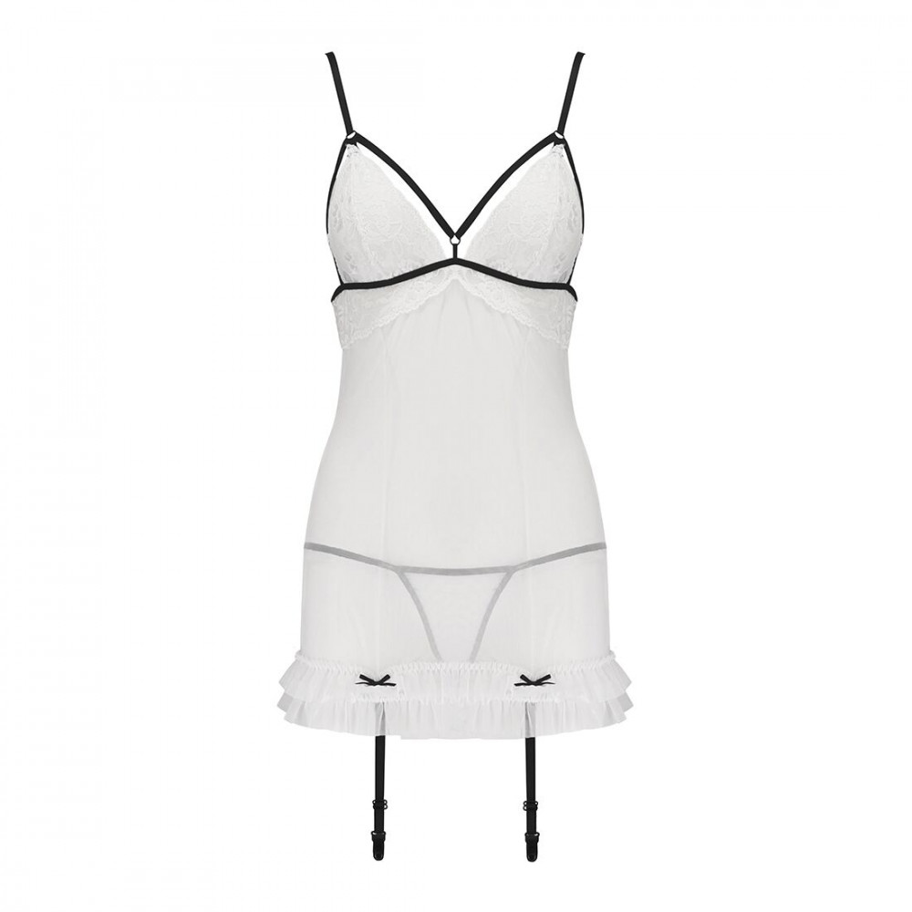Эротические пеньюары и сорочки - Сорочка прозрачная с пажами ORIHIME CHEMISE white S/M - Passion, трусики, стрэпы 3