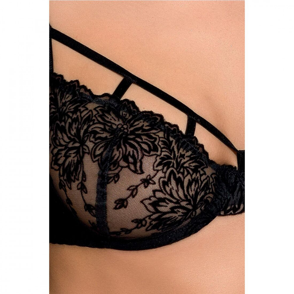 Эротические комплекты - Комплект белья HAYA SET black L/XL - Passion Exclusive: стринги, лиф, пояс для чулок 1
