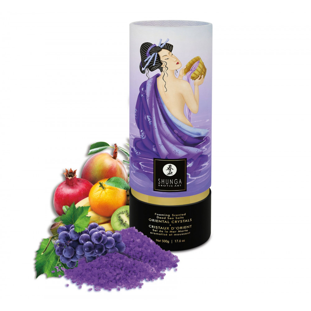 Романтическая атмосфера - Пенящаяся соль для ванны Shunga Dead Sea salt Oriental Crystals — Exotic Fruits (500 г), соль Мертво 2