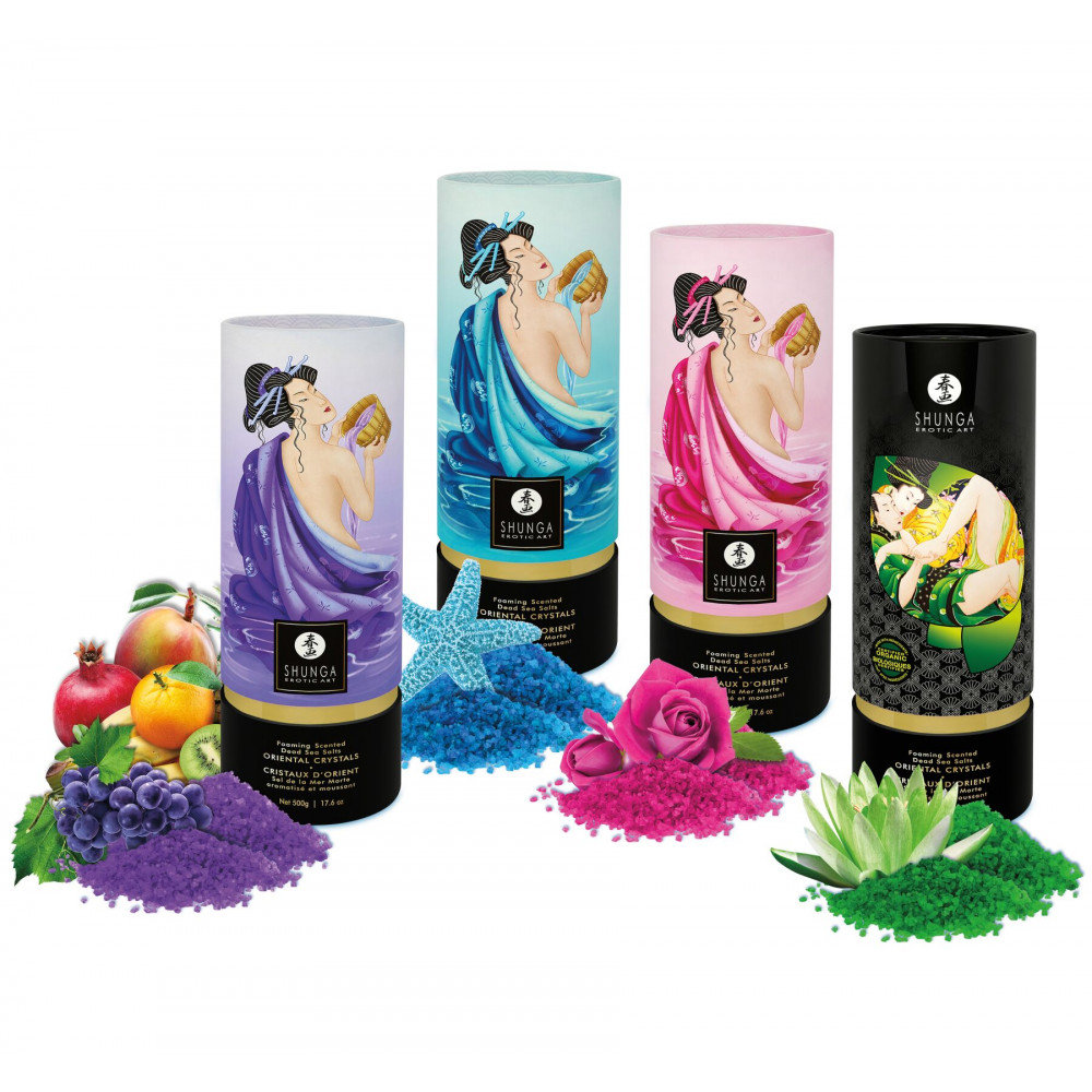 Романтическая атмосфера - Пенящаяся соль для ванны Shunga Dead Sea salt Oriental Crystals — Exotic Fruits (500 г), соль Мертво 1